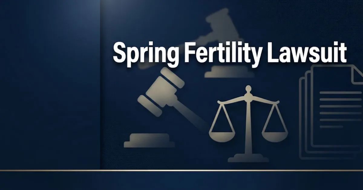 Spring fertility lawsuit hero banner with legal symbols on navy background