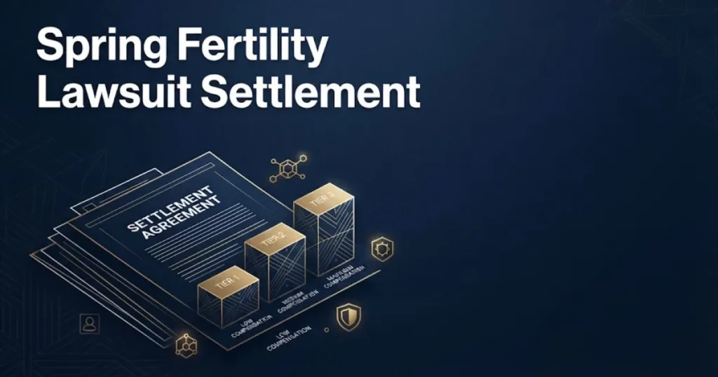 Spring fertility lawsuit settlement tiers graphic with navy and gold design