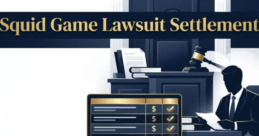 Squid Game lawsuit settlement graphic showing courtroom scene and payout details