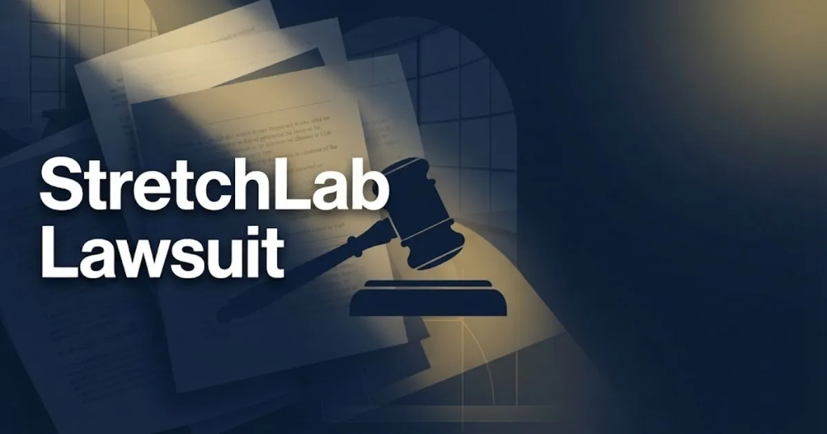 StretchLab lawsuit hero banner with legal documents and gavel silhouette in navy and gold