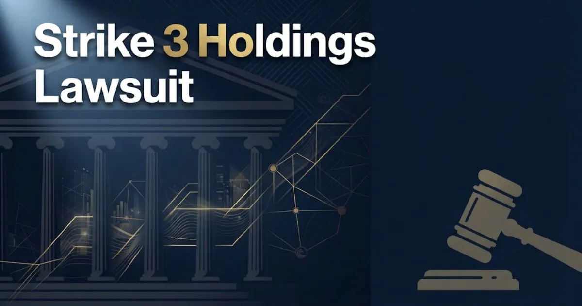 Strike 3 Holdings Lawsuit hero banner with navy courthouse background and gold digital network overlay