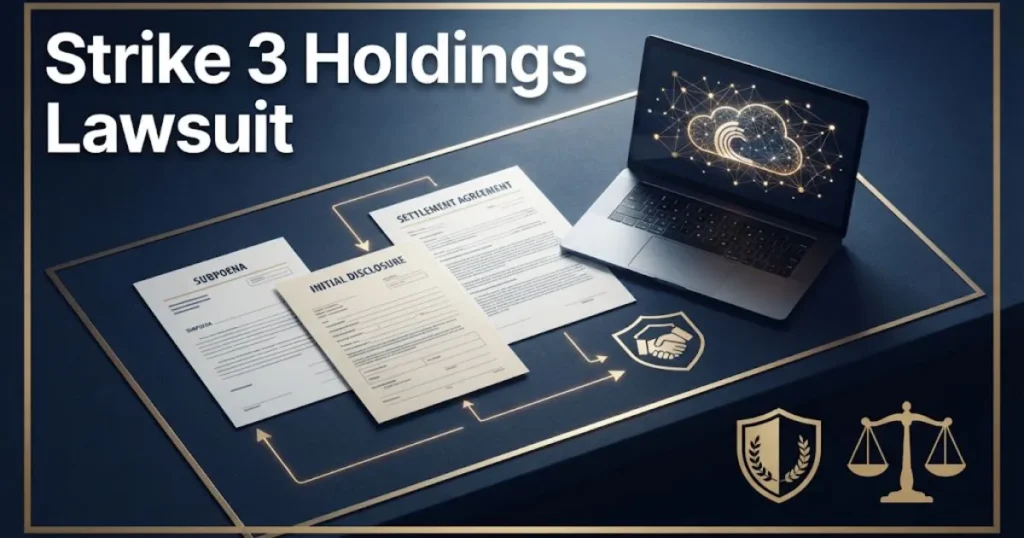 Strike 3 Holdings Lawsuit supporting graphic showing legal documents and settlement process on navy background
