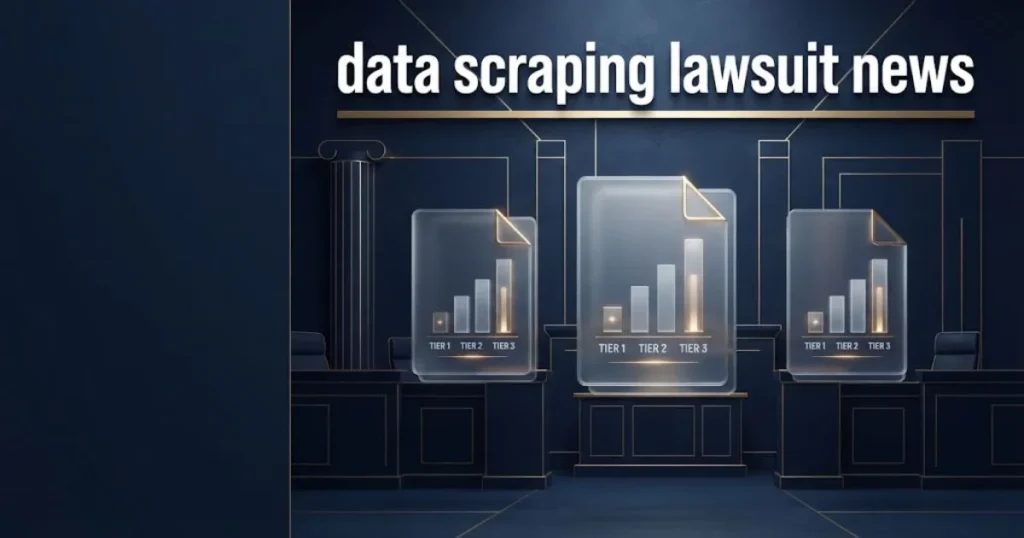 Stylized courtroom graphic with data scraping lawsuit news headline and abstract settlement document icons in navy and gold