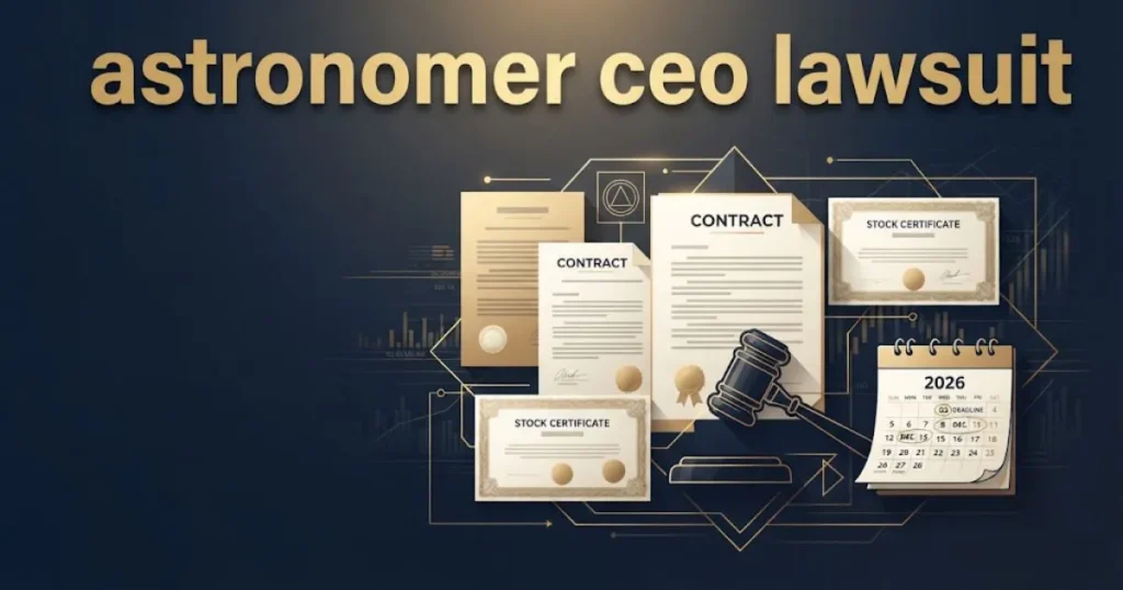Stylized legal documents and calendar graphic with astronomer ceo lawsuit title text in gold on a navy background