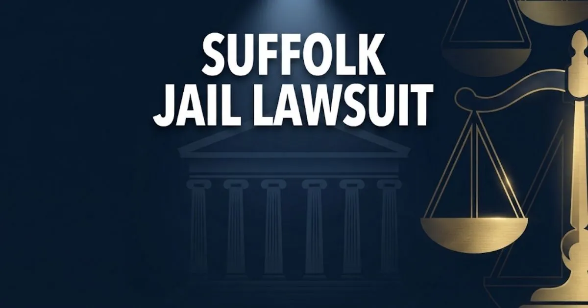 Suffolk jail lawsuit hero banner with courthouse silhouette and gold scales of justice on navy background