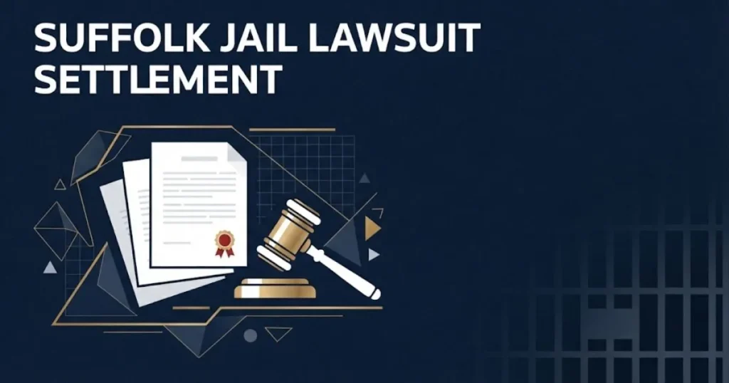 Suffolk jail lawsuit settlement graphic with legal documents and gavel icons on navy blue background