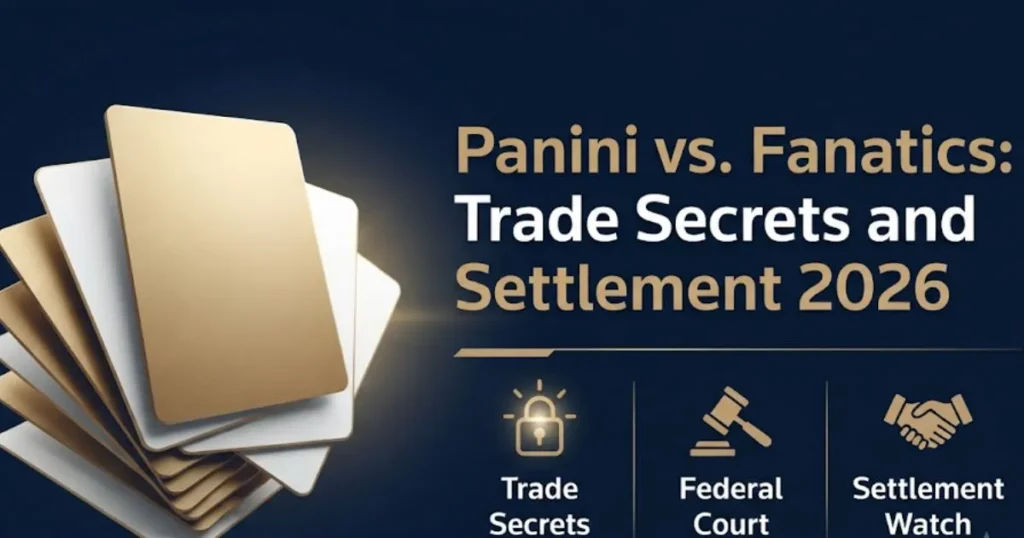 Supporting graphic for Panini Fanatics lawsuit news showing trade secret claims, federal court case, and 2026 settlement status icons.