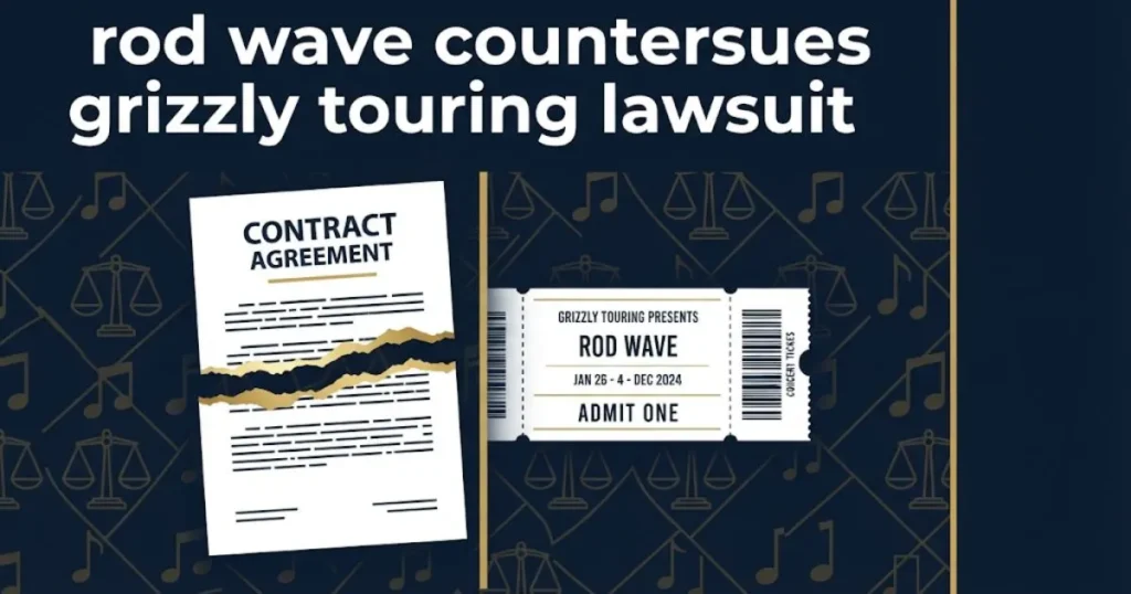 Supporting graphic for rod wave countersues grizzly touring lawsuit showing torn contract and concert ticket in navy white and gold design
