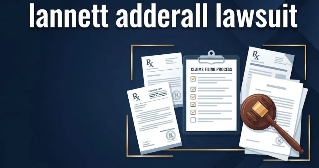 Supporting graphic showing lannett adderall lawsuit title with stylized prescription documents and gavel in navy and gold tones