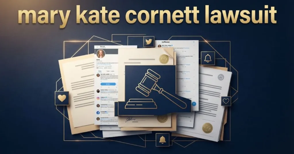 Supporting graphic showing mary kate cornett lawsuit text above stylized legal documents and social media icons