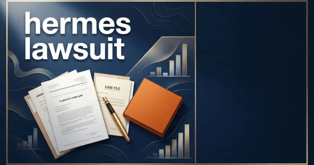 Supporting graphic with hermes lawsuit title over navy desk scene with legal documents and luxury box silhouette