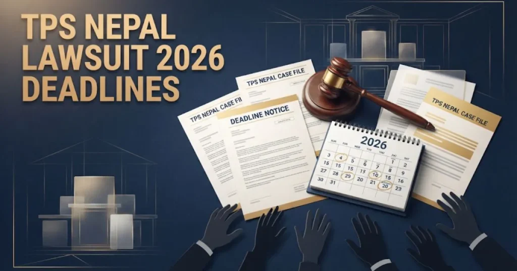 TPS Nepal Lawsuit 2026 deadlines graphic with immigration documents and gavel on navy background