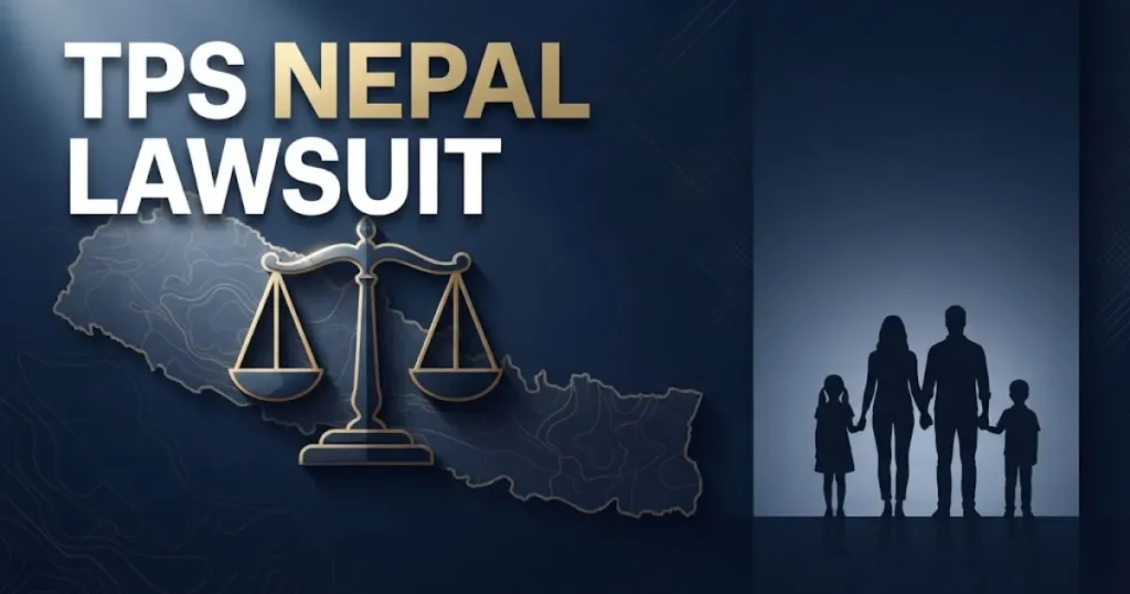 TPS Nepal Lawsuit hero banner with legal scales and Nepal map silhouette in navy and gold