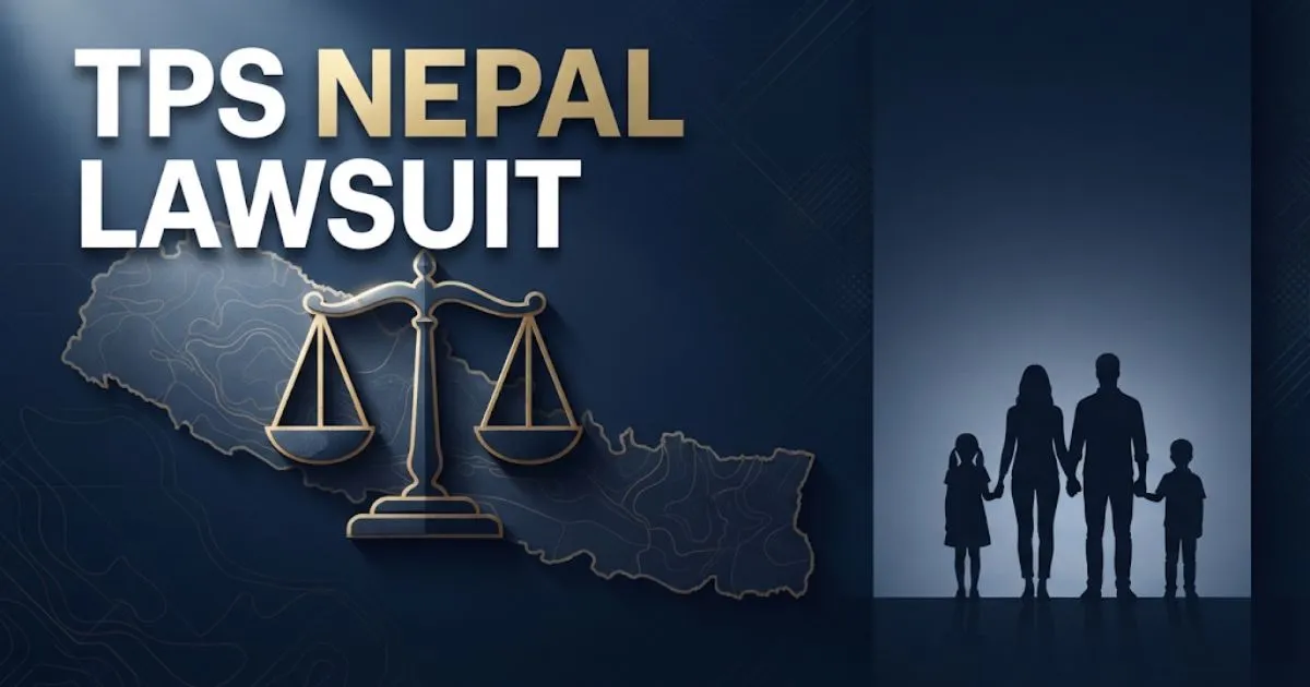 TPS Nepal Lawsuit hero banner with legal scales and Nepal map silhouette in navy and gold