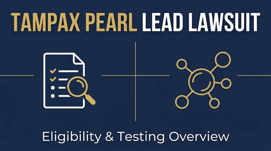 Tampax Pearl lead lawsuit graphic showing eligibility document and metal testing icons