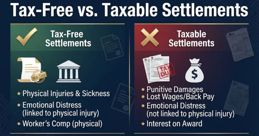 Tax-free vs taxable lawsuit settlements comparison infographic on dark blue background