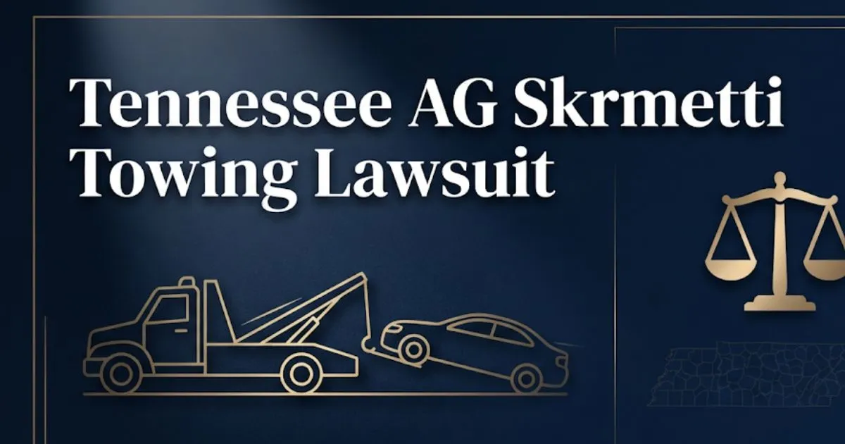 Tennessee AG Skrmetti towing lawsuit hero banner with legal symbols and tow truck silhouette
