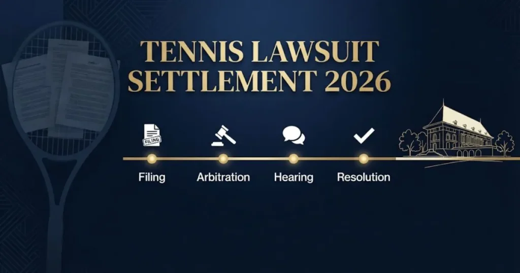 Tennis lawsuit settlement 2026 timeline infographic with legal milestones and arbitration icons