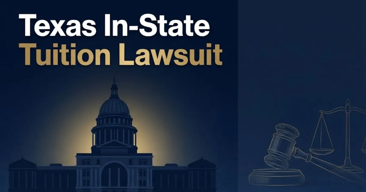 Texas in-state tuition lawsuit hero banner with Capitol silhouette and legal symbols in navy and gold
