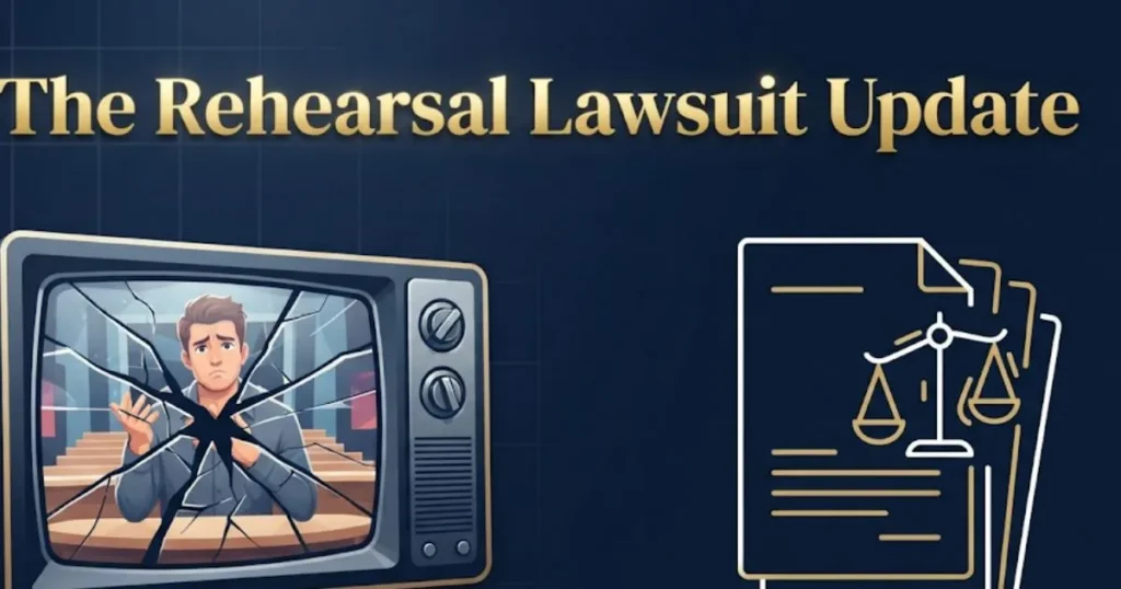 The Rehearsal lawsuit update graphic with TV screen and legal document imagery
