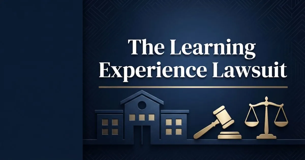 The learning experience lawsuit 2026 hero banner with legal scales and gavel icons