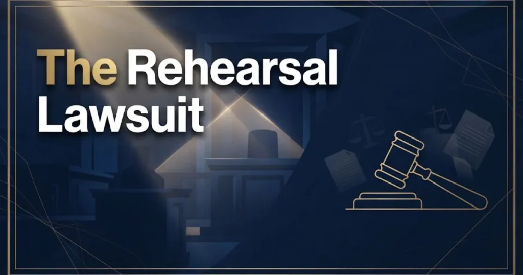 The rehearsal lawsuit banner with gavel silhouette on navy background