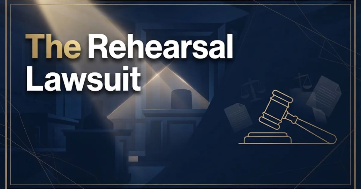 The rehearsal lawsuit banner with gavel silhouette on navy background