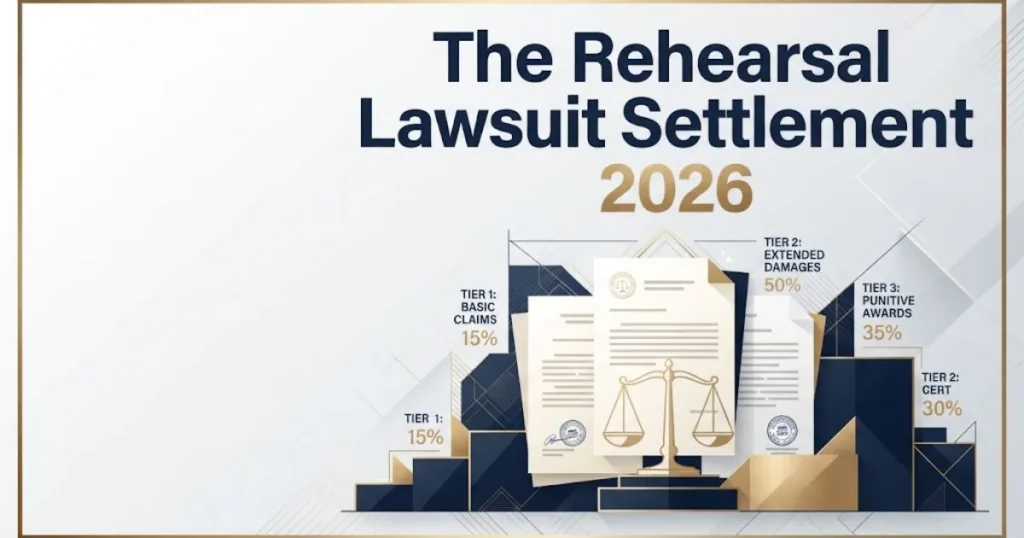 The rehearsal lawsuit settlement graphic with legal documents and scale icons