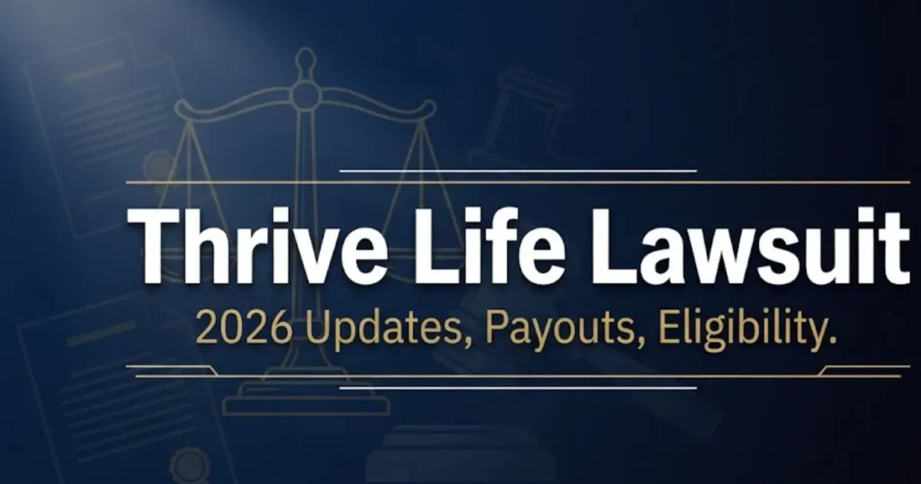 Thrive Life lawsuit 2026 hero banner with legal scales and gavel on navy background