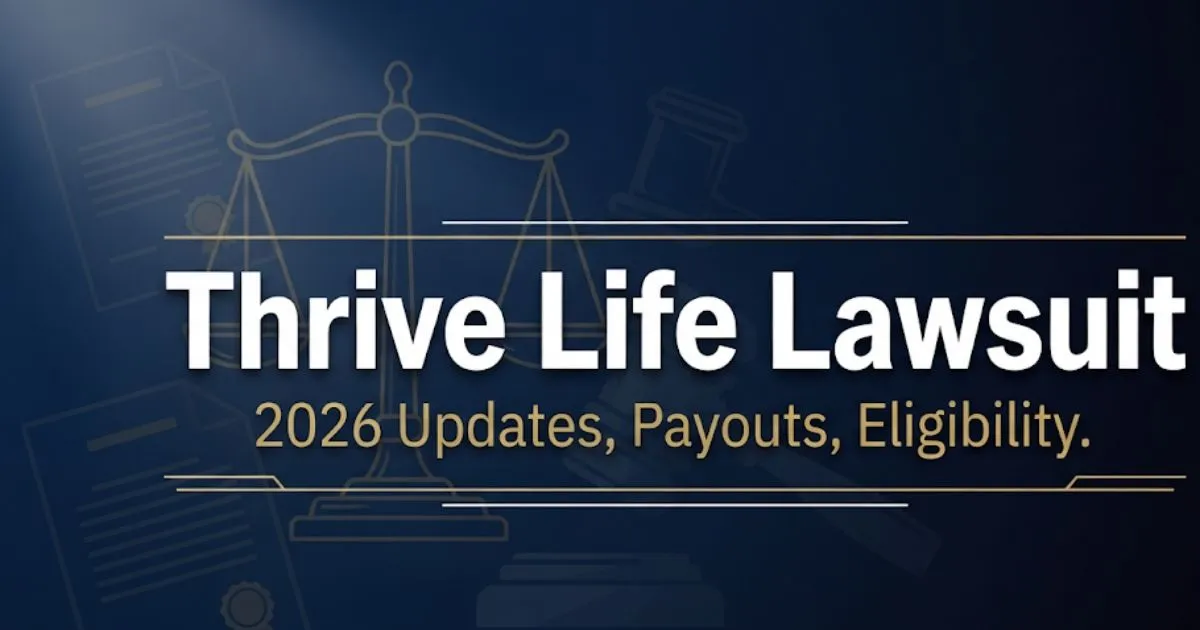 Thrive Life lawsuit 2026 hero banner with legal scales and gavel on navy background