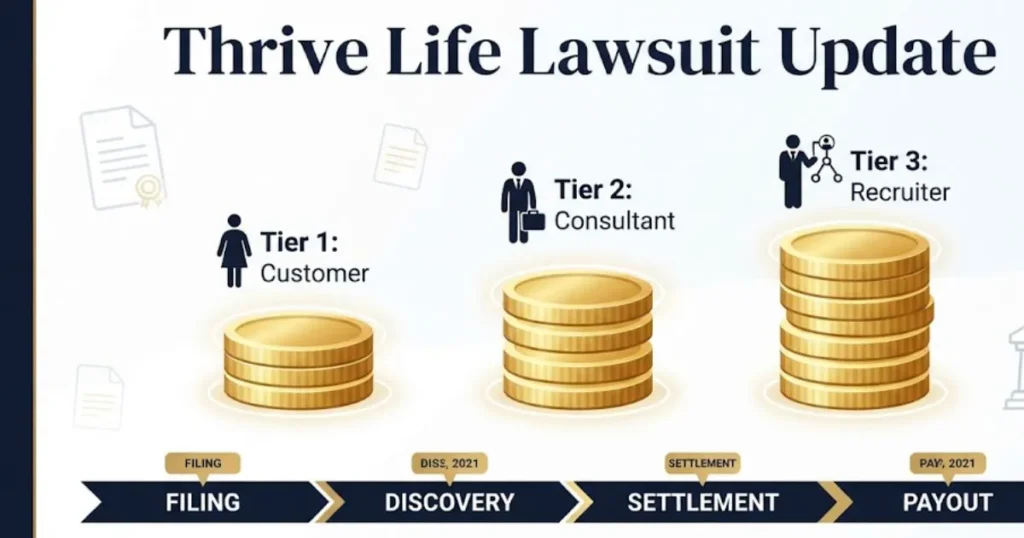 Thrive Life lawsuit update infographic showing settlement tiers and case timeline