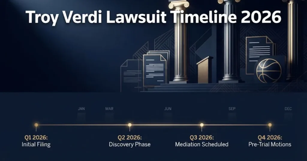 Troy Verdi lawsuit timeline 2026 graphic with courtroom silhouette and basketball in navy and gold