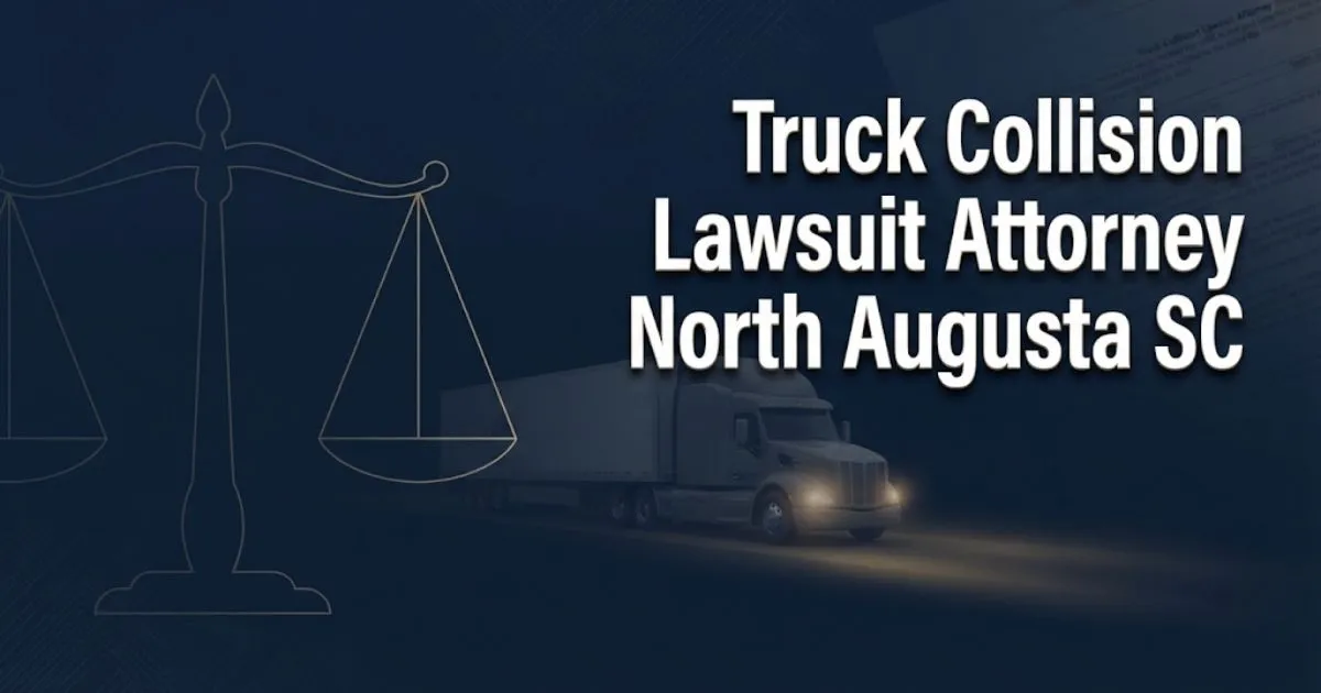 Truck collision lawsuit attorney North Augusta SC hero banner with legal scales and truck silhouette