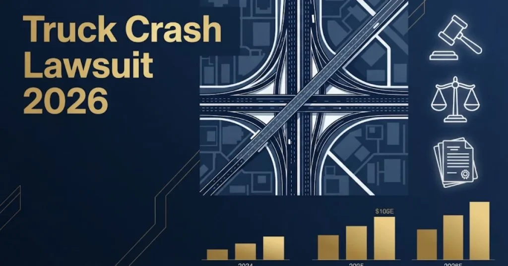 Truck crash lawsuit 2026 infographic with Texas highway, legal icons, and settlement data on navy background
