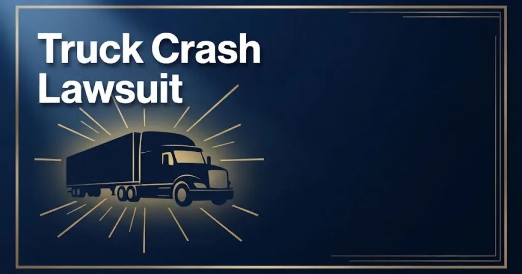 Truck crash lawsuit hero banner with semi-truck silhouette and bold legal headline on navy background