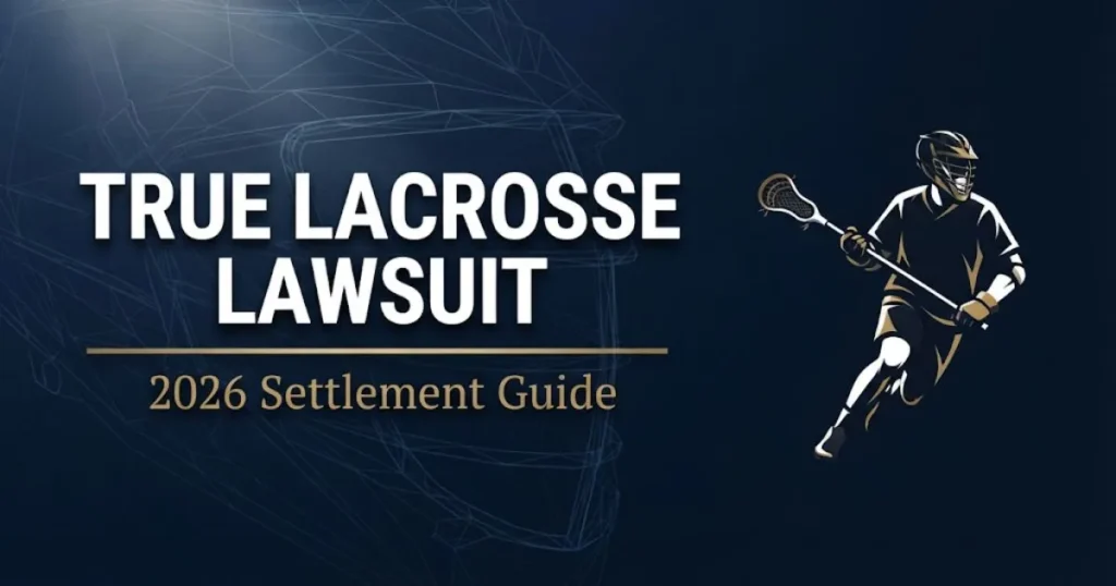 True lacrosse lawsuit 2026 hero banner with lacrosse player silhouette and settlement guide headline on navy background
