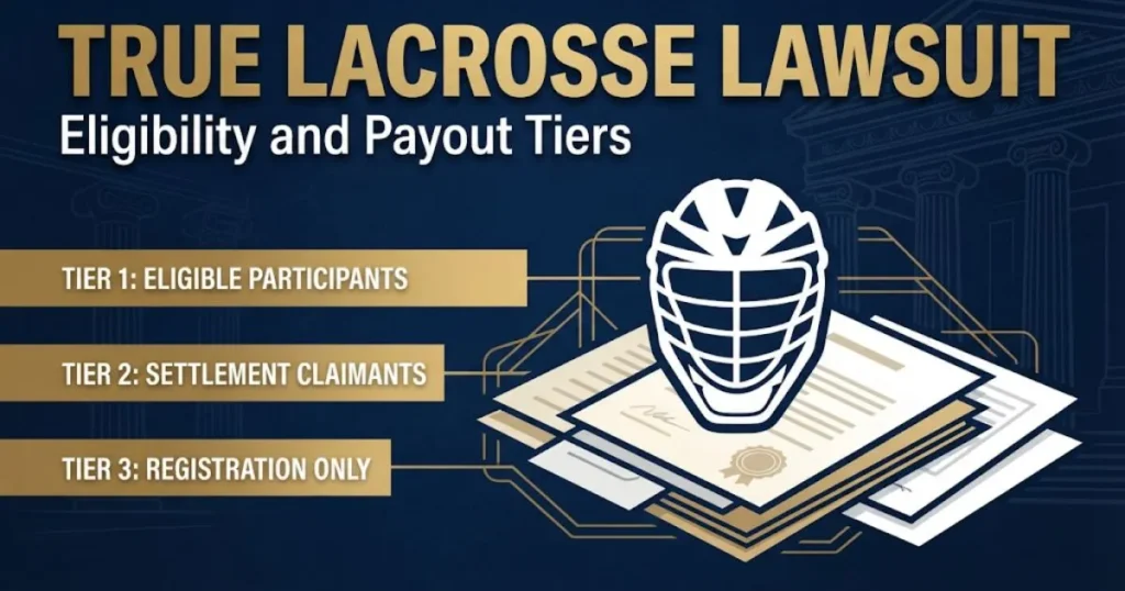 True lacrosse lawsuit eligibility and payout tiers infographic with helmet icon and settlement bars on navy background