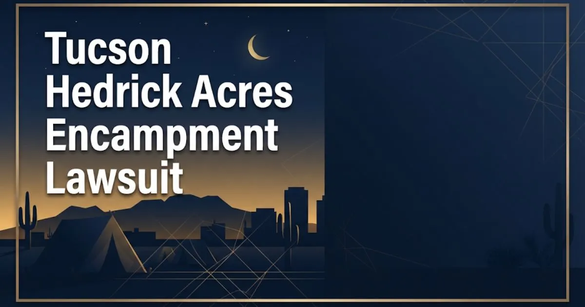 Tucson Hedrick Acres encampment lawsuit hero banner with desert city skyline and legal theme
