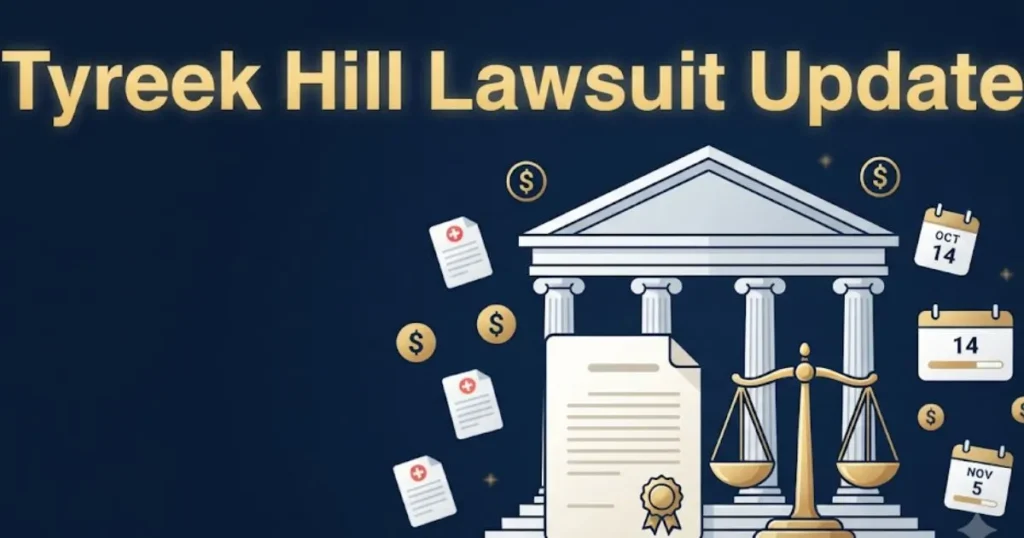 Tyreek Hill lawsuit update graphic showing courthouse, legal documents, and settlement icons