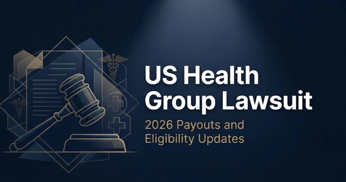 US health group lawsuit 2026 hero banner with gavel and legal symbols on navy background