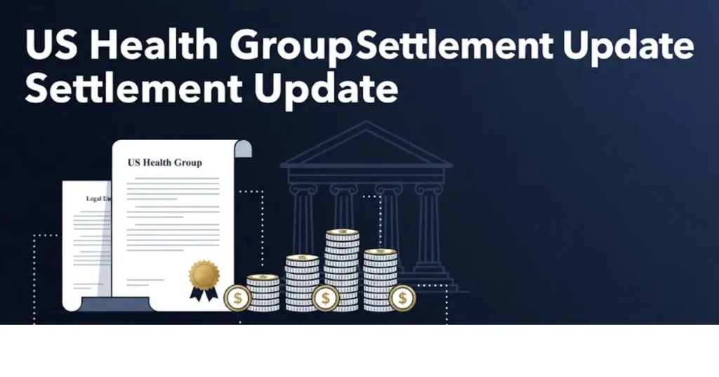 US health group lawsuit settlement update graphic showing payout tiers and legal timeline