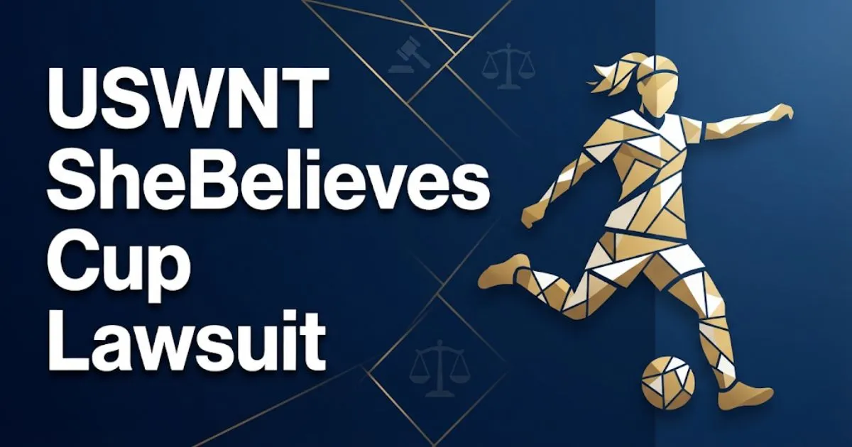 USWNT SheBelieves Cup lawsuit hero banner with gold soccer player silhouette on navy background