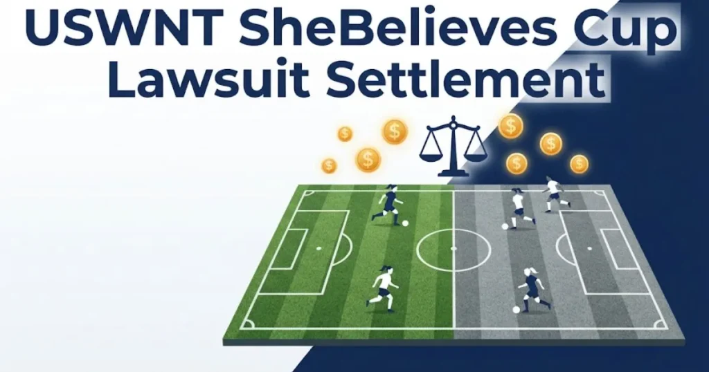 USWNT SheBelieves Cup lawsuit settlement graphic showing turf discrimination field illustration