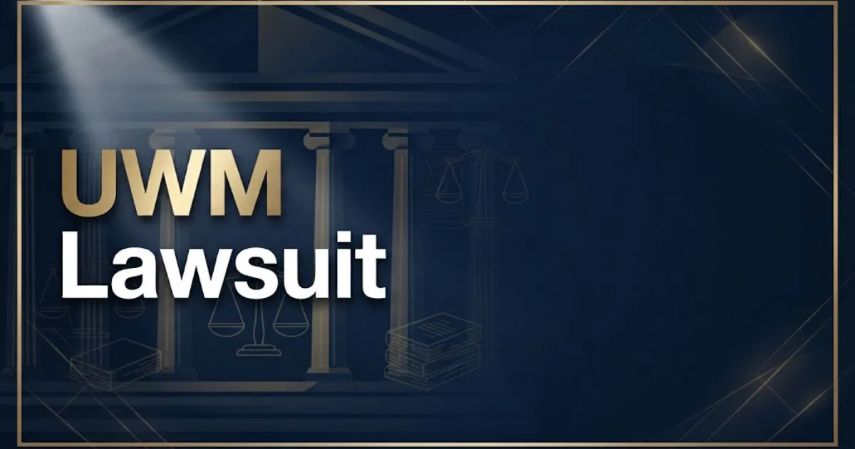 UWM Lawsuit hero banner with navy courthouse graphic and gold legal scales on dark background