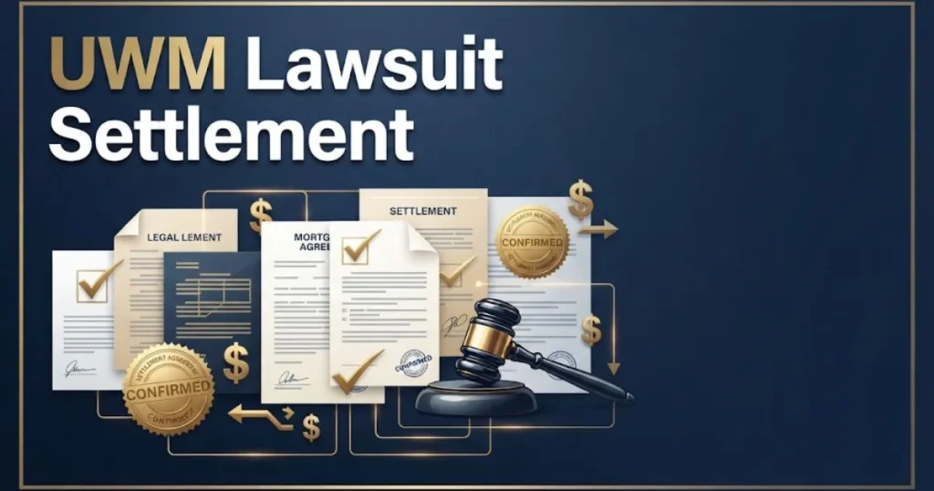 UWM Lawsuit settlement graphic showing abstract mortgage documents and gavel on navy background