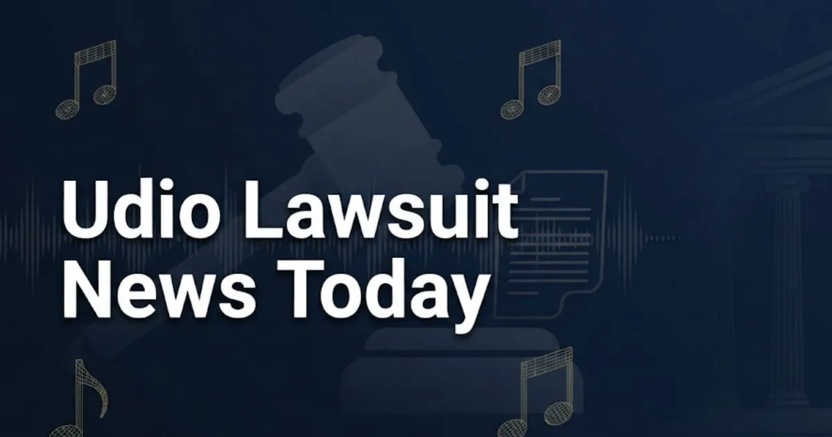 Udio lawsuit news today 2026 hero banner with legal and music graphics on dark navy background