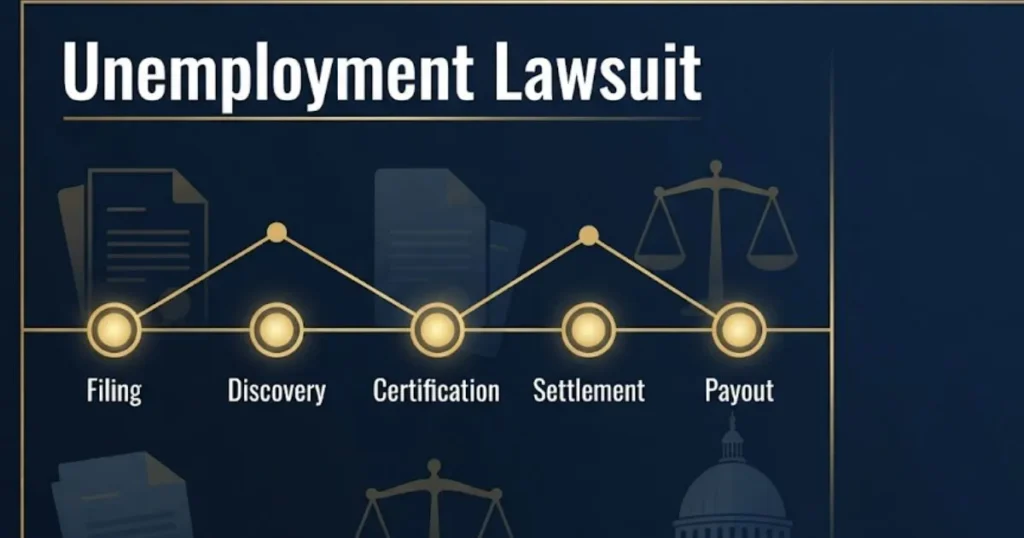 Unemployment lawsuit timeline infographic showing 2026 case phases and settlement steps
