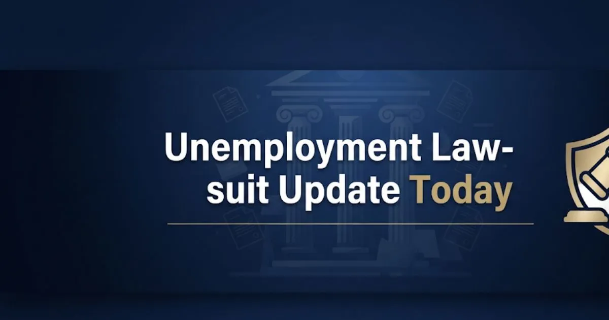 Unemployment lawsuit update today 2026 hero banner with legal symbols and courthouse design
