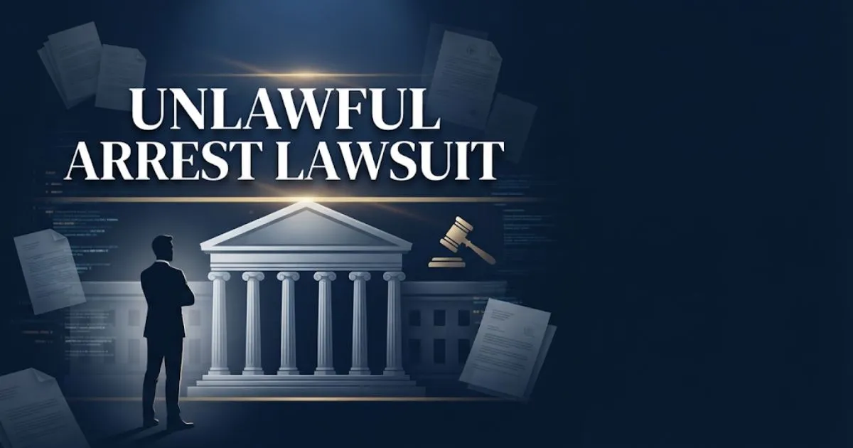 Unlawful arrest lawsuit hero banner with courthouse silhouette and gold legal accents on navy background