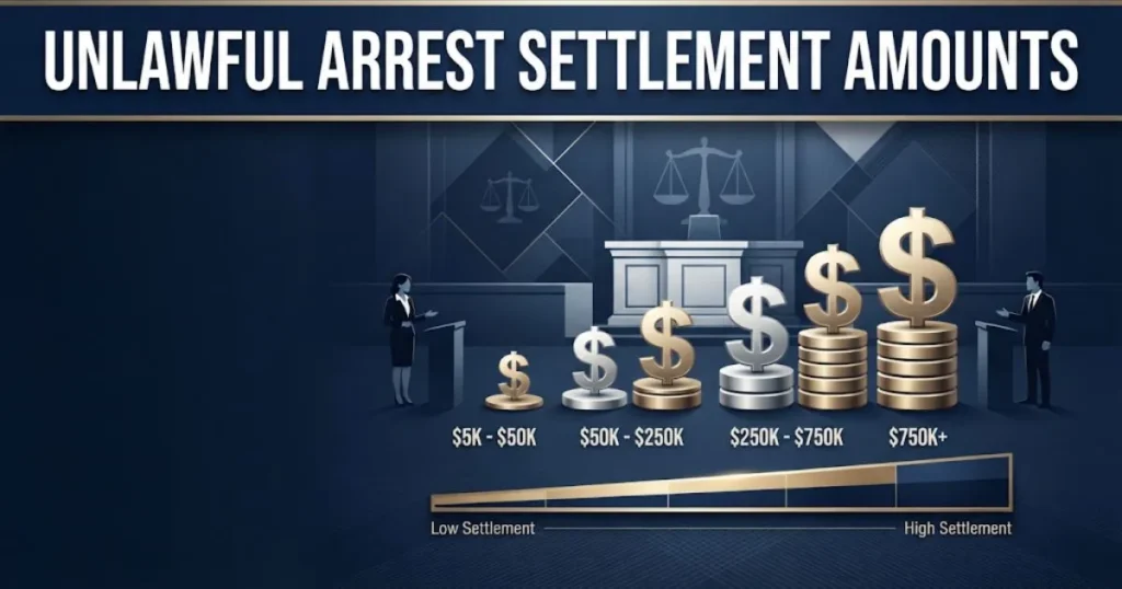 Unlawful arrest settlement amounts infographic with courtroom icons and payout tiers on navy background